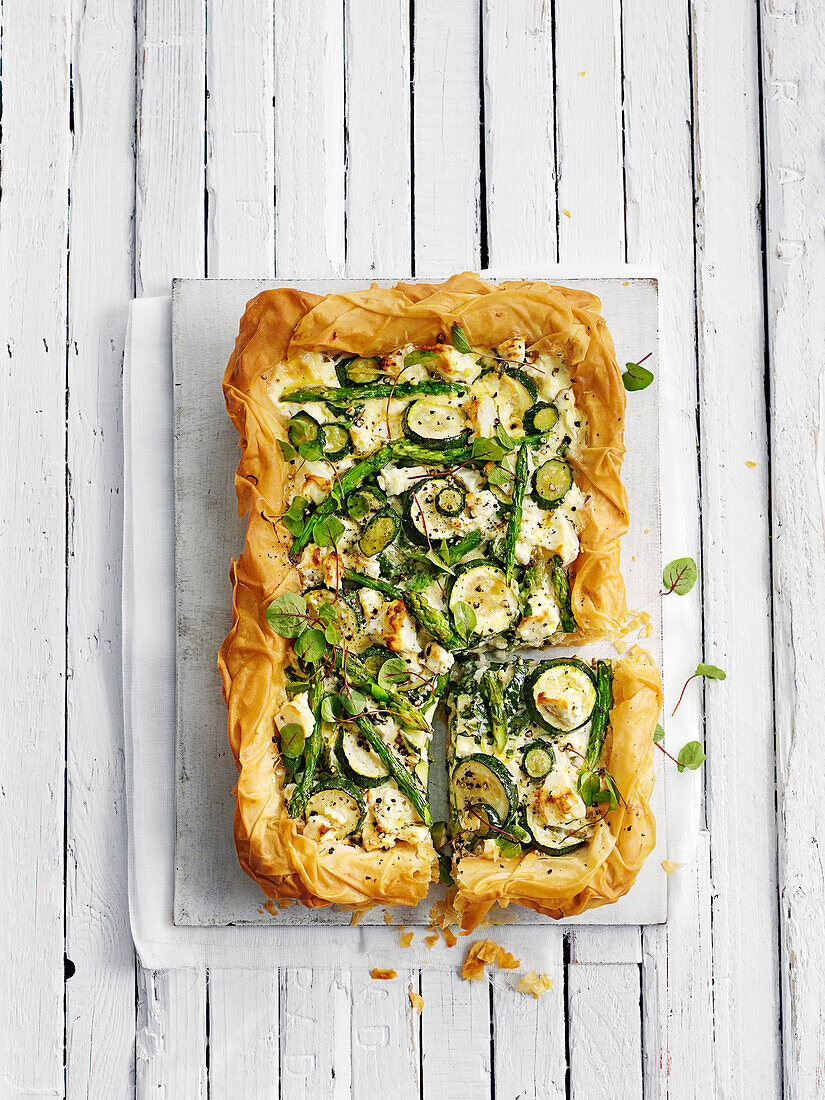 Crispy filo tart with seasonal vegetable with feta