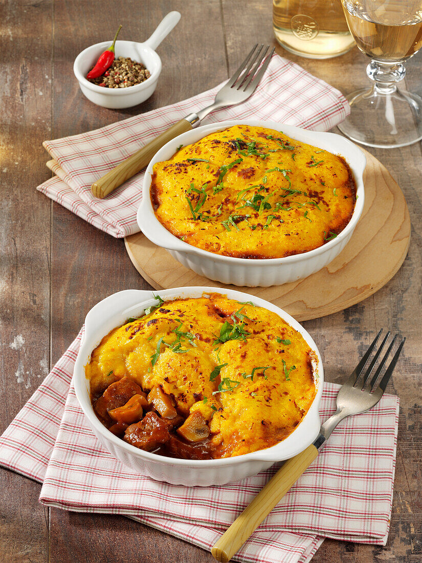 Goulash with mashed potato and roast pumpkin