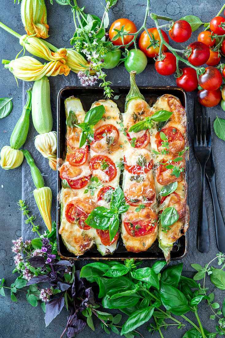 Zucchini gefüllt mit Tomaten und Käse