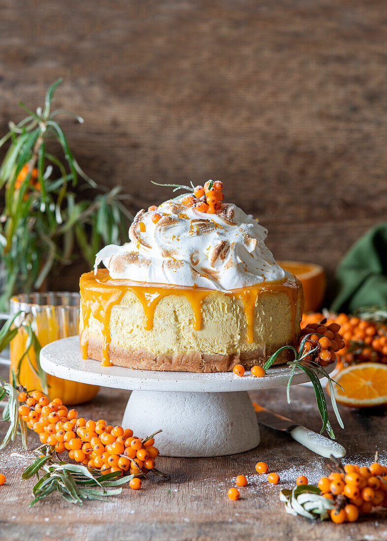Sea buckthorn cheesecake with meringue topping