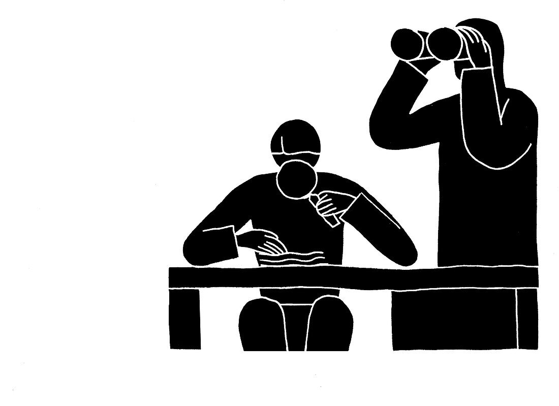 Two men at a desk, illustration