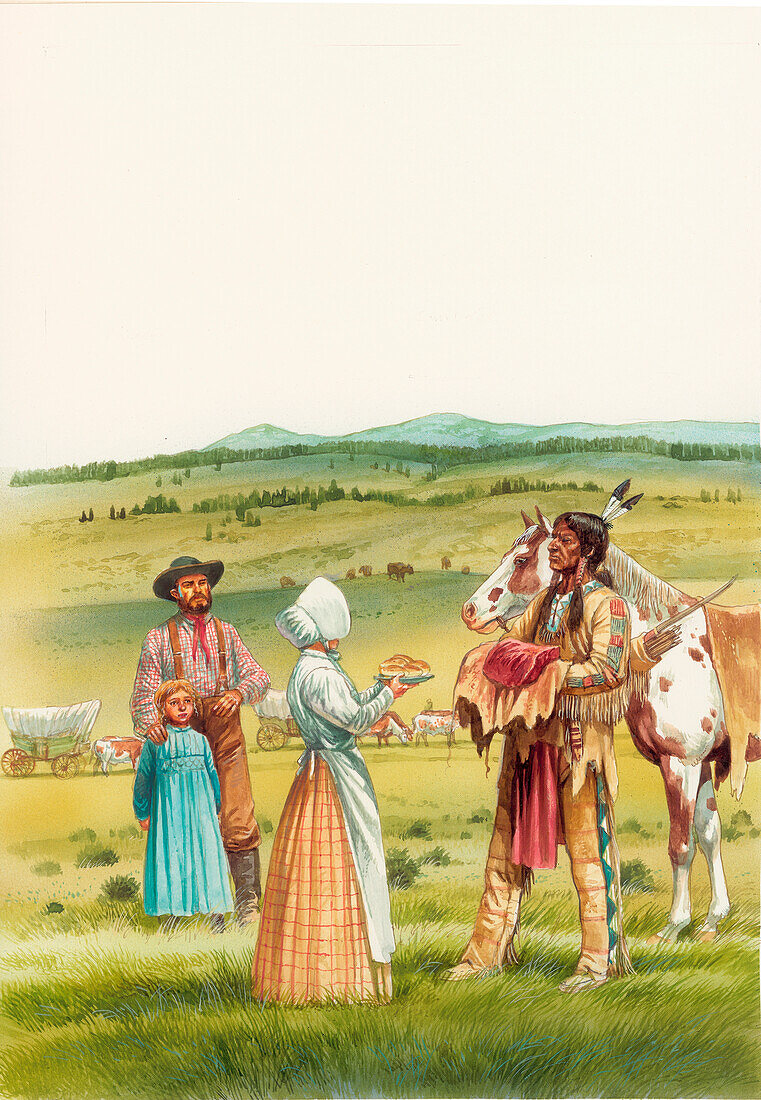 Pioneers trading goods with Native Americans, illustration