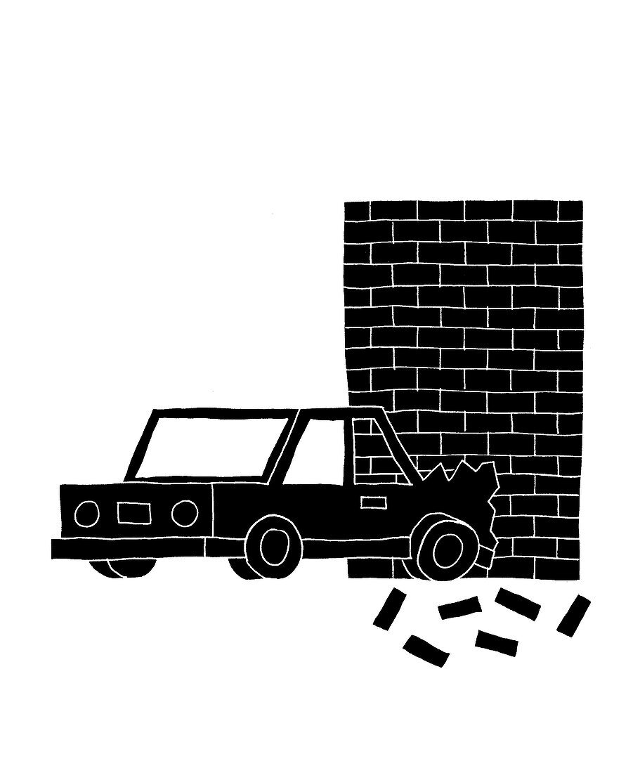 Car driving into a brick wall, illustration