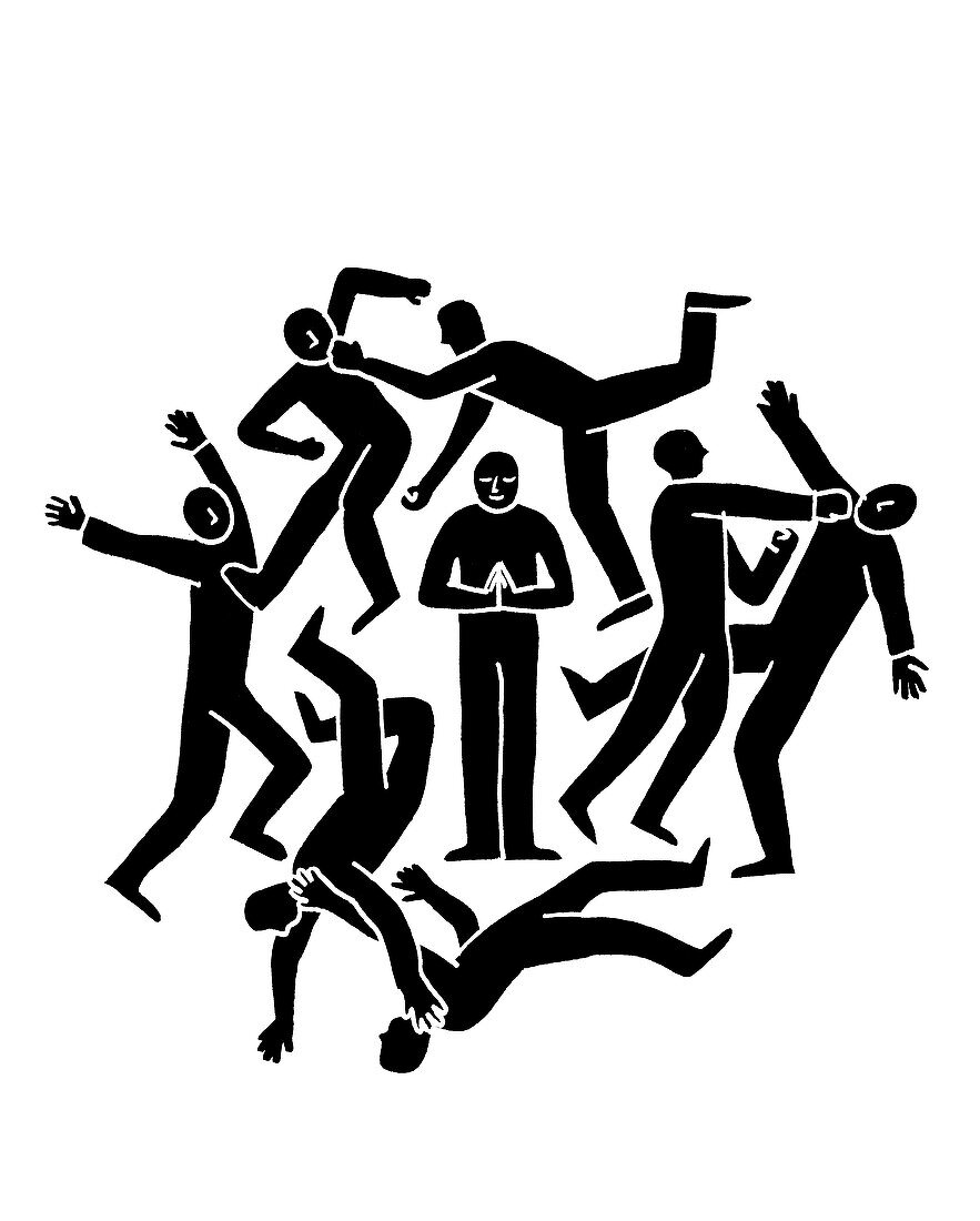 People fighting around a calm person, illustration
