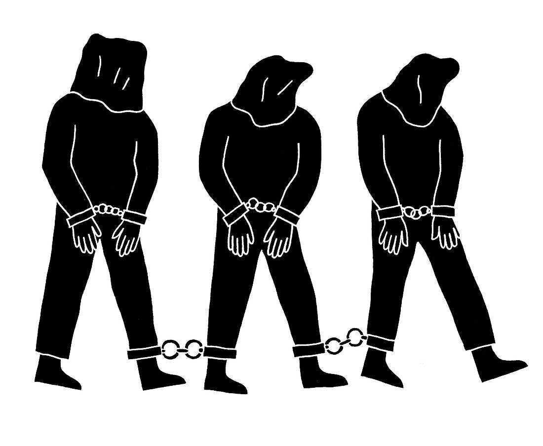 Prisoners in chains and hoods, illustration