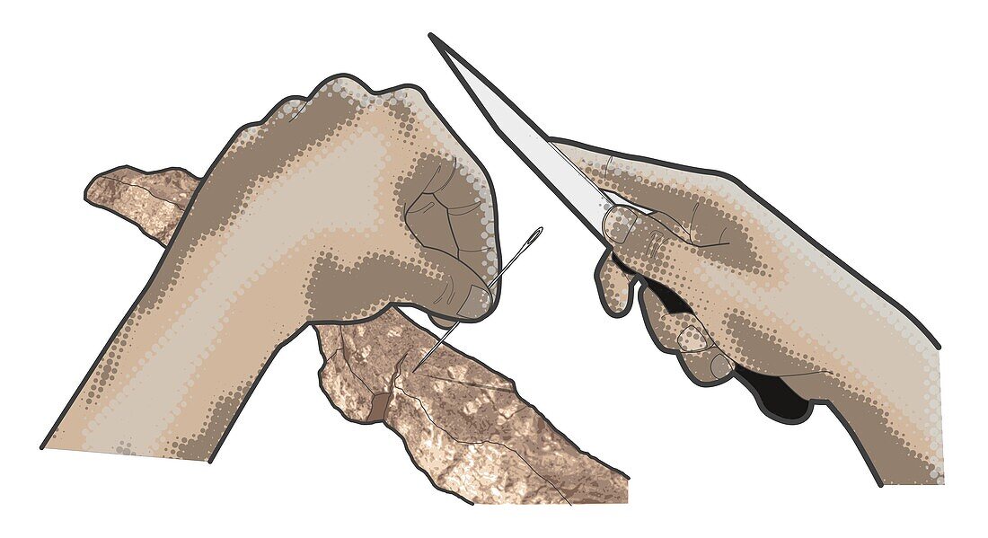 Tapping needle into hard wood, illustration