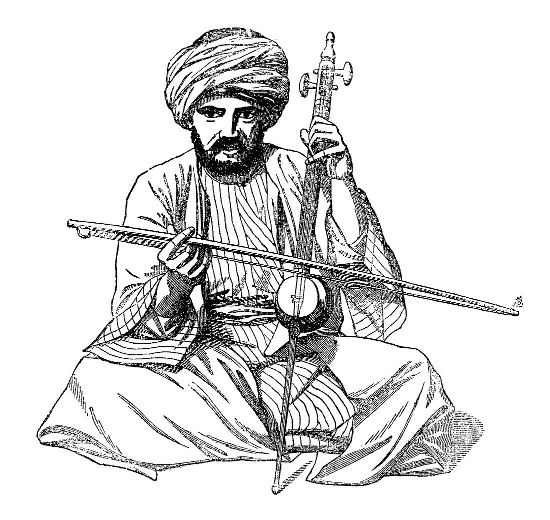 Musician playing three-stringed spike fiddle, illustration