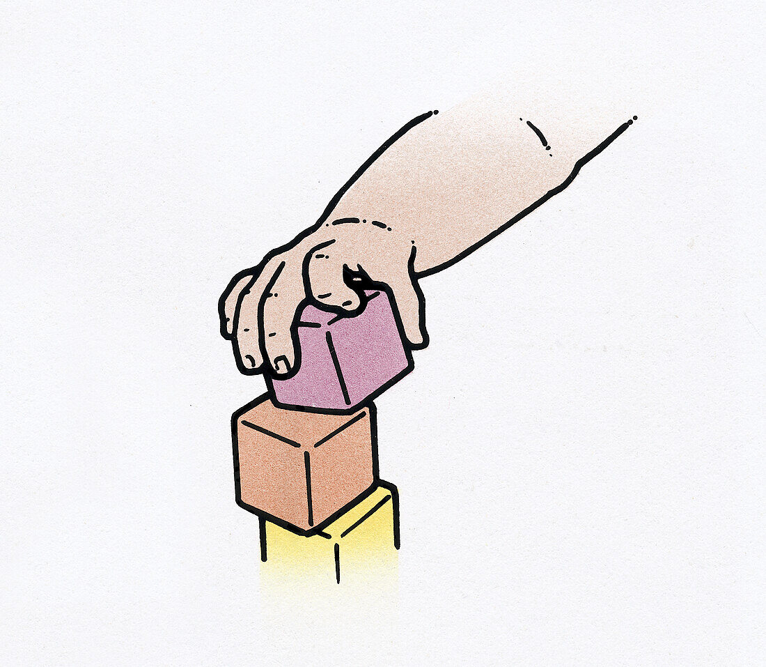 Baby's hand stacking coloured cubes, illustration
