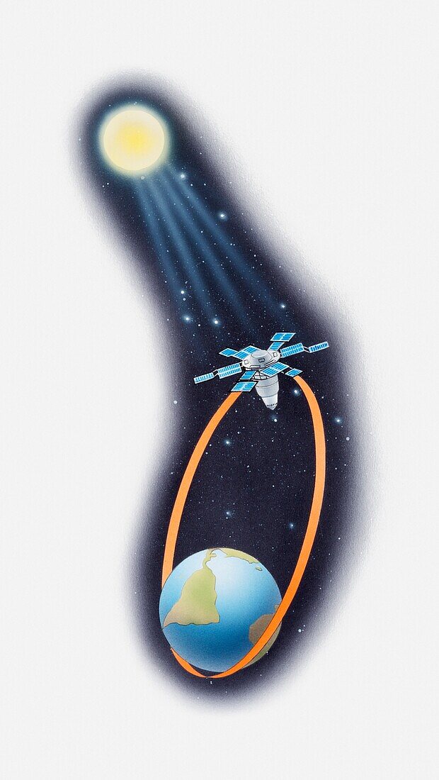 Solar powered satellite orbiting earth, illustration