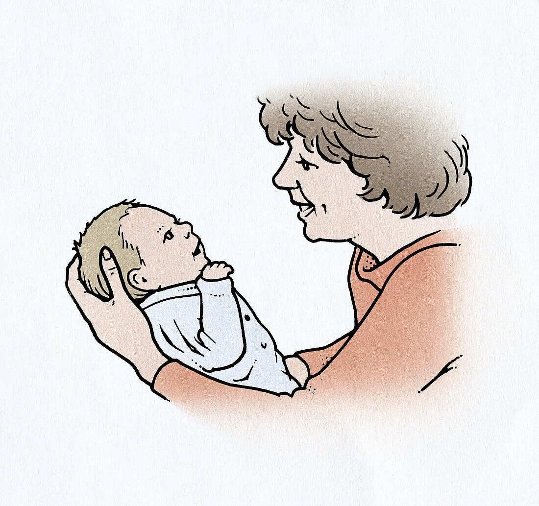 Mother holding baby to face, illustration