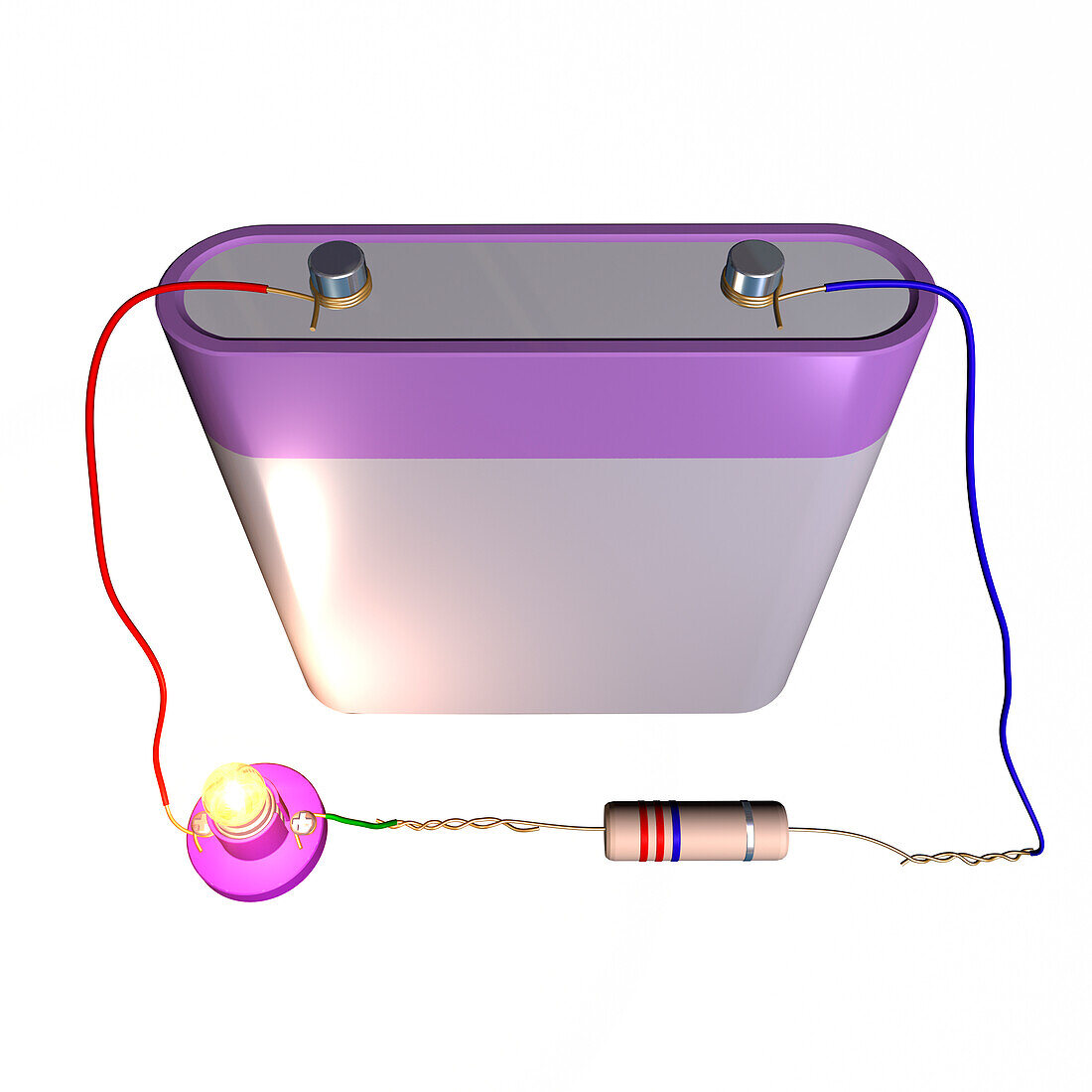 Resistor circuit with illuminated light bulb, illustration