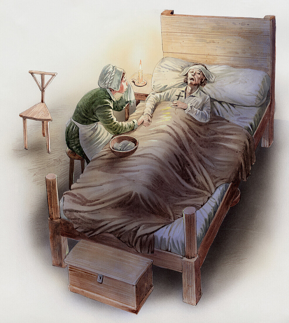 Woman nurses sick man, illustration