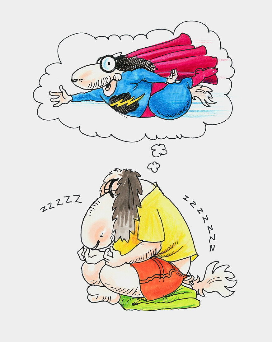 Dog dreaming about being a super hero, illustration