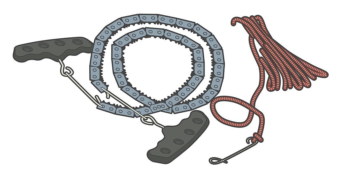 Pocket chainsaw and rope, illustration