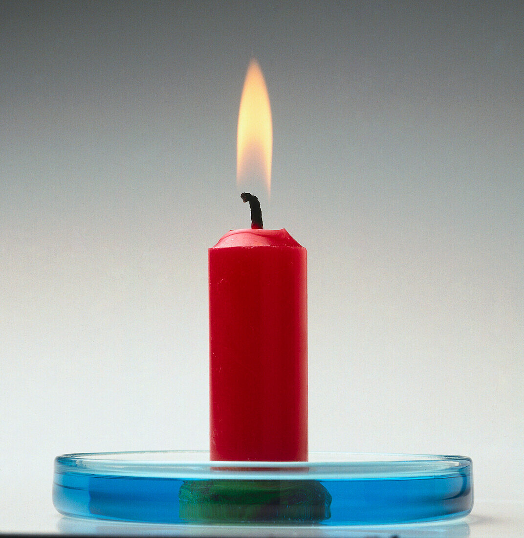 Lit candle in dish containing water