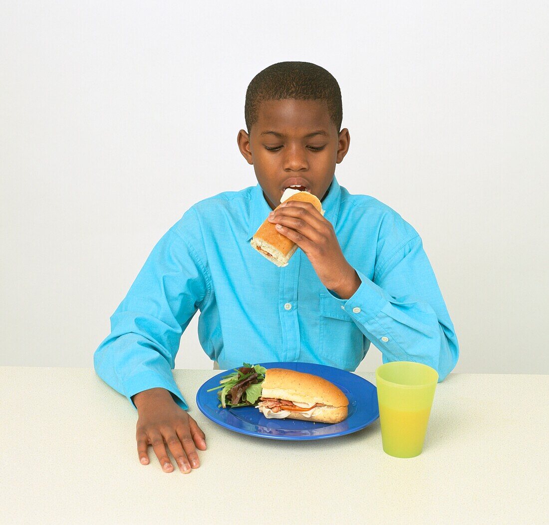 Boy eating roll stuffed with meat