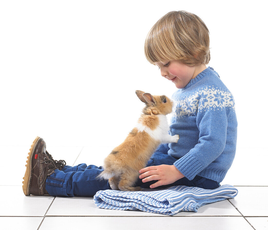 Boy sitting with rabbit on blanket