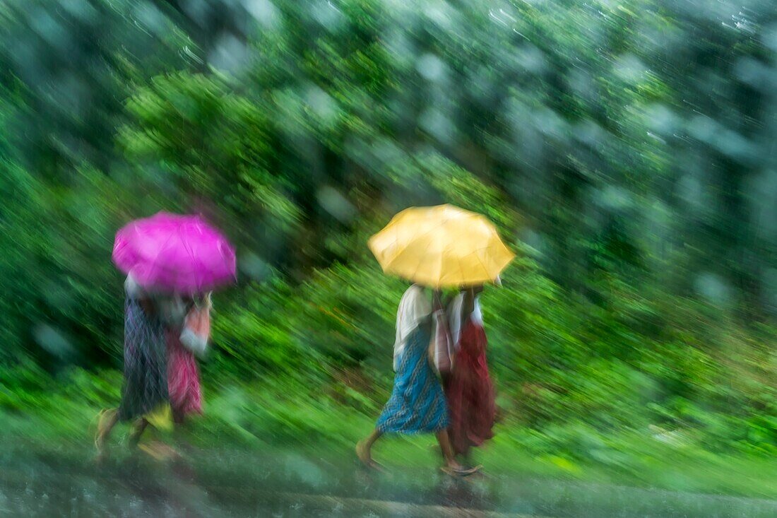 Women running in the rain, India