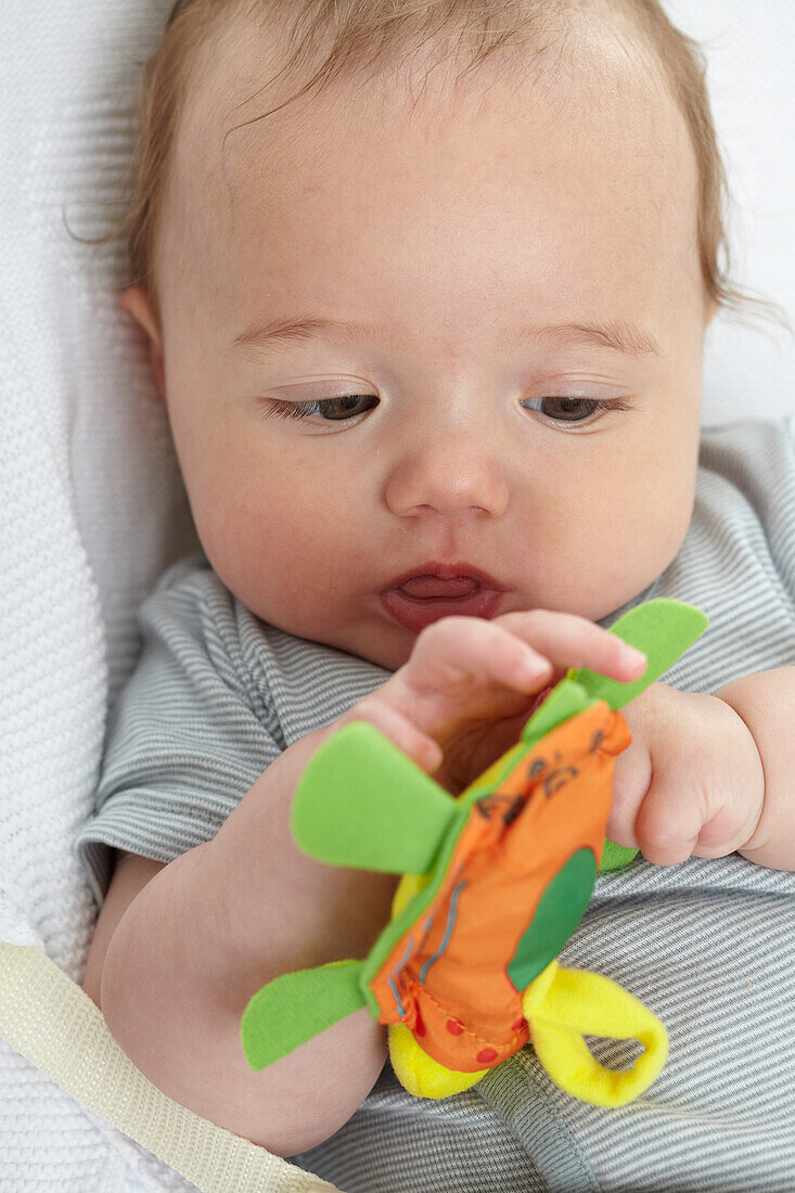 Baby boy holding soft toy