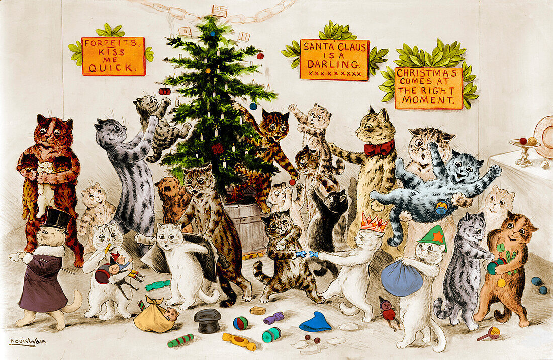 Cats decorating Christmas tree, 1906