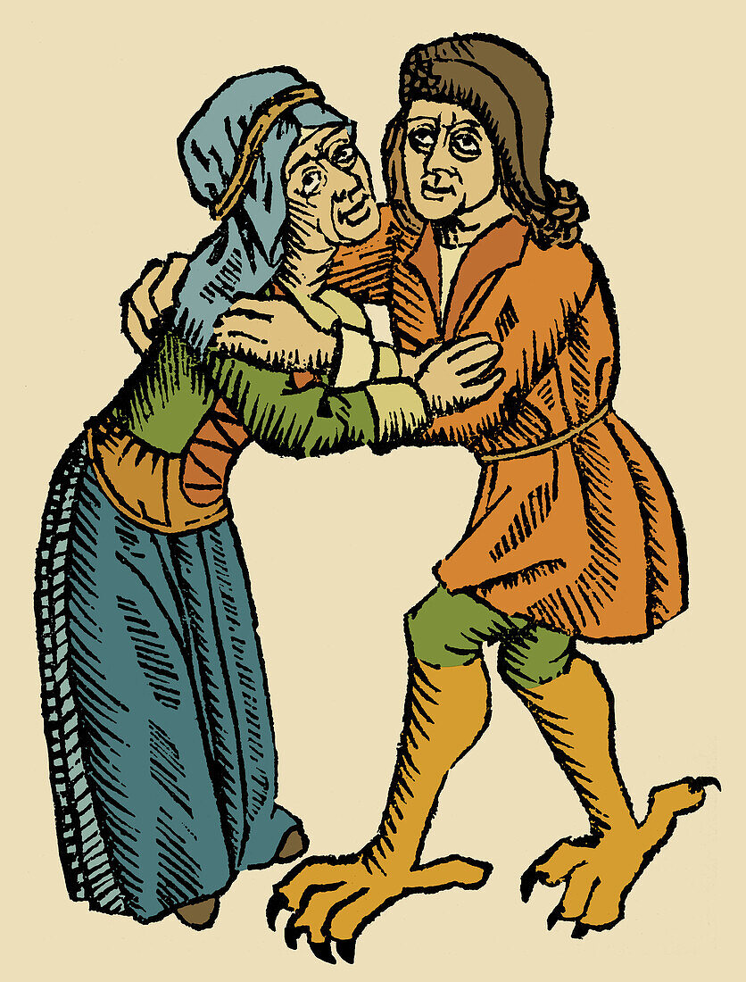 Witch embraces claw-footed devil, 1489