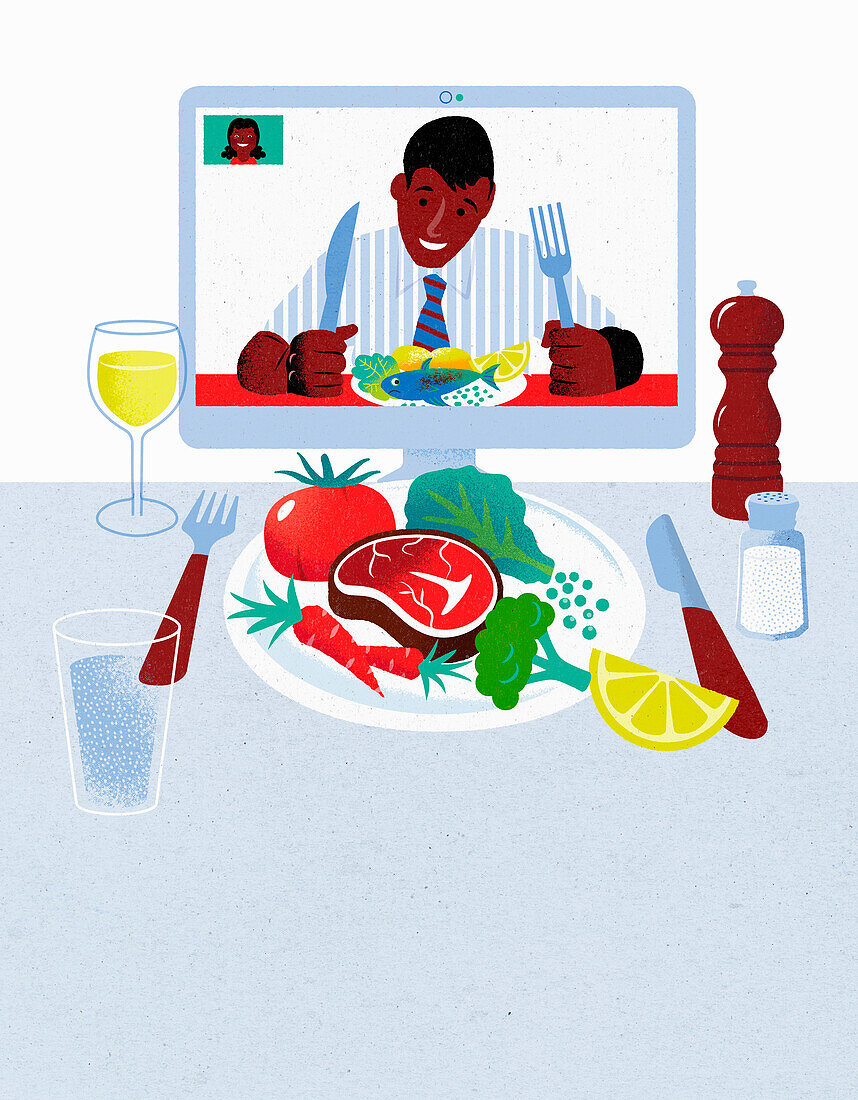 Couple having dinner together online, illustration