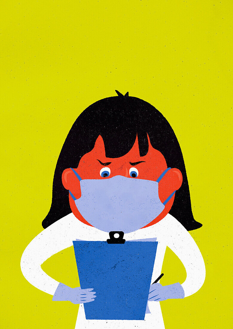 Woman looking at clipboard, illustration