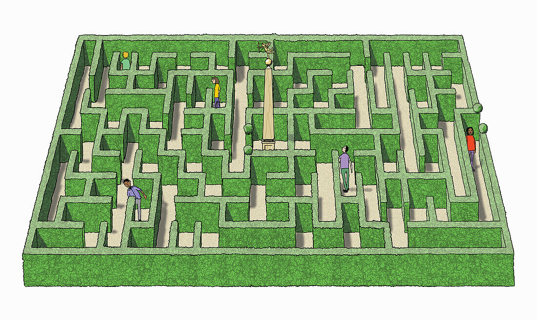 People looking for love in maze, illustration