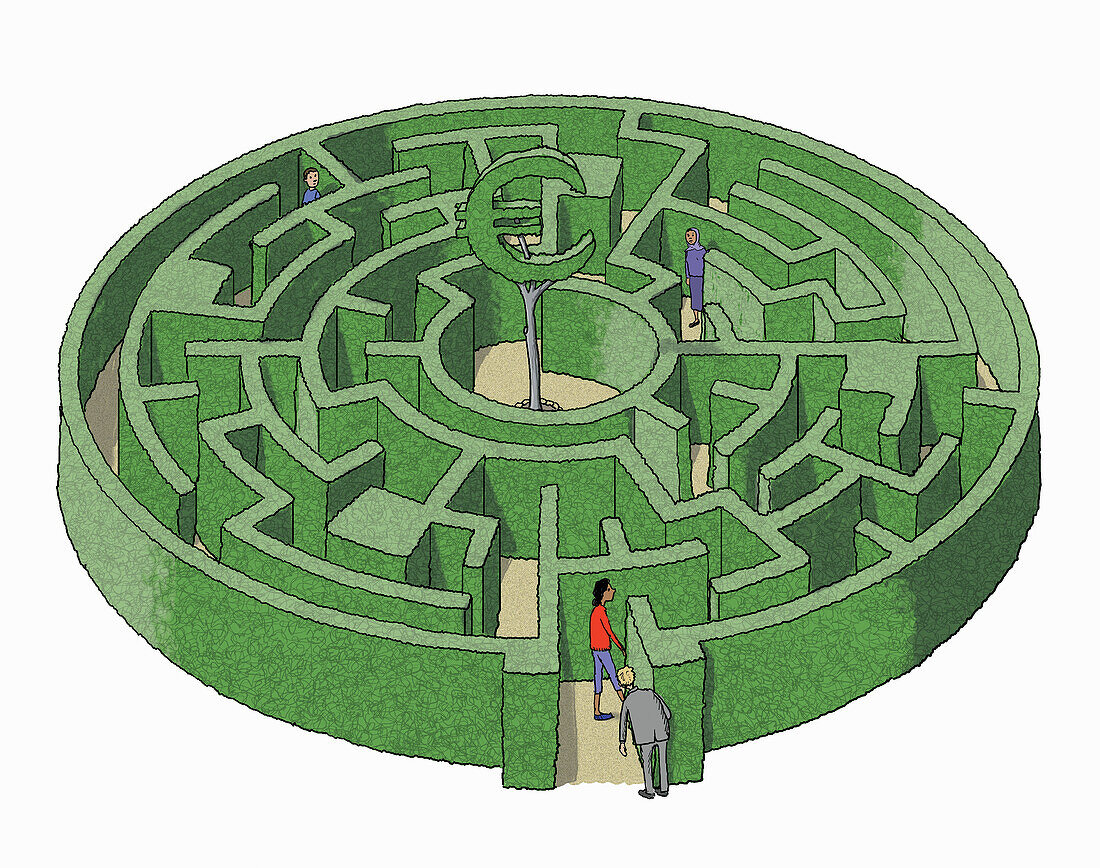 Euro sign tree in centre of maze, illustration