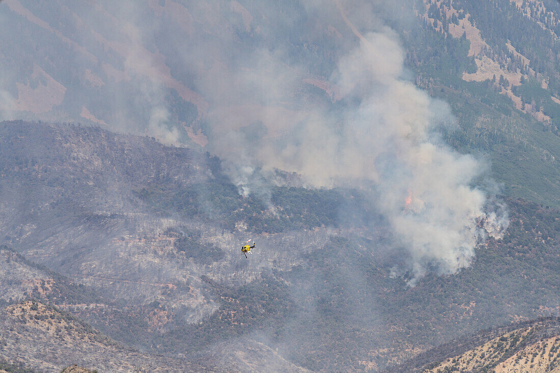Firefighting helicopter returning after fighting a wildfire
