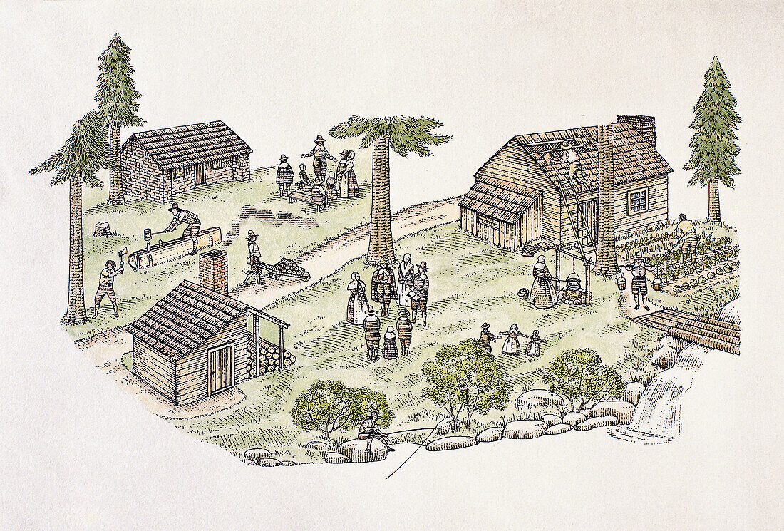Pilgrim fathers' early settlement, illustration