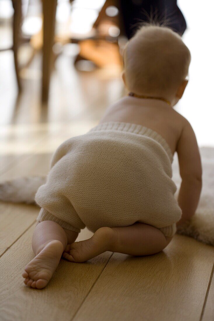 Baby in beige woollen shorts crawling on floor