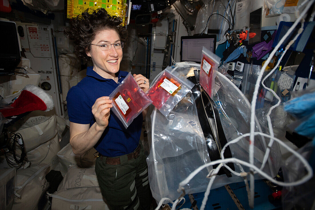NASA astronaut holding media bags