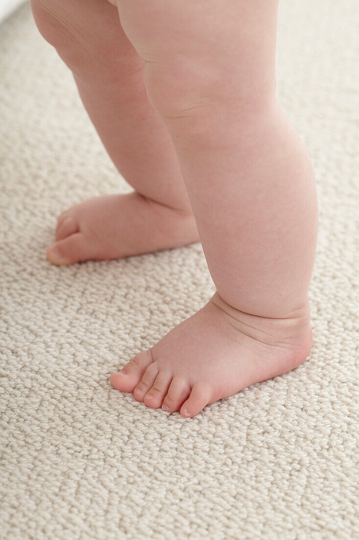 Bare feet and legs of baby boy standing on carpet