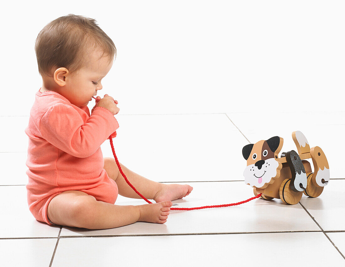 Baby girl holding string of toy pull along dog