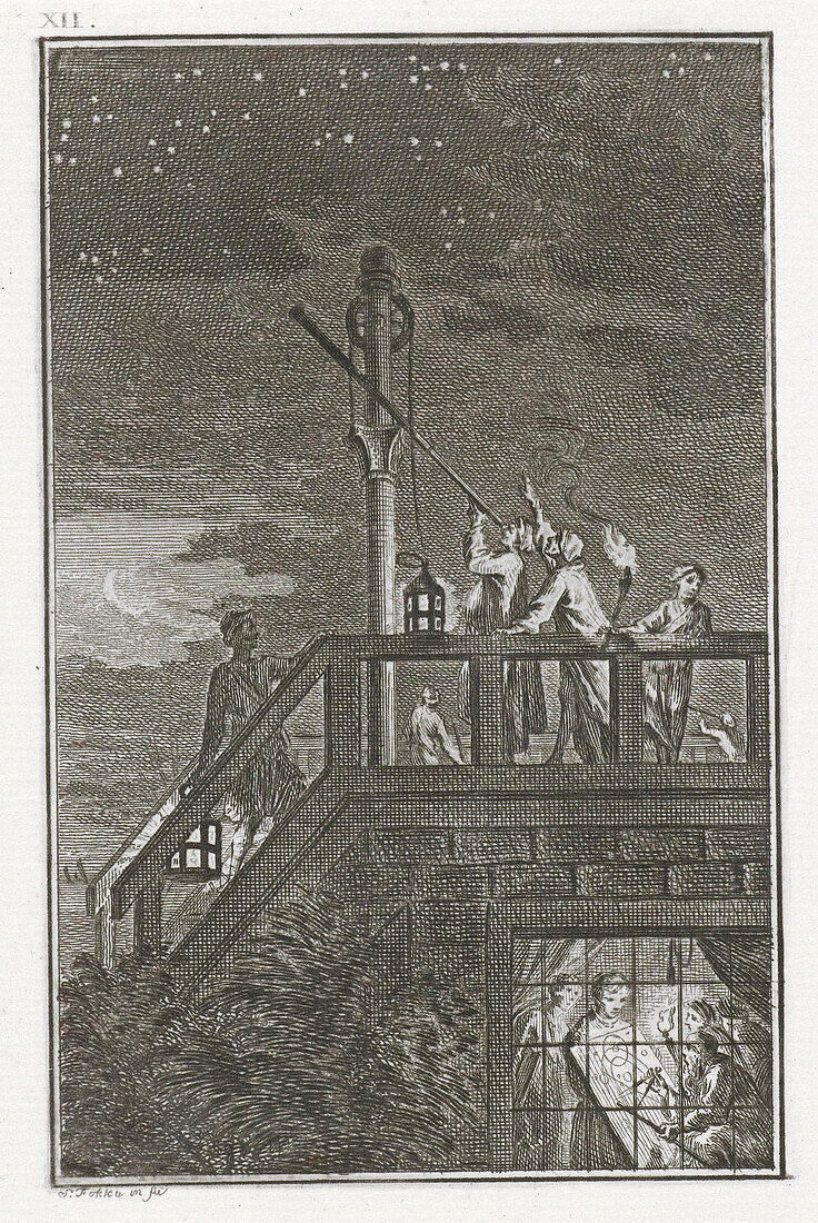 Stargazers watching the night sky, 18th century illustration
