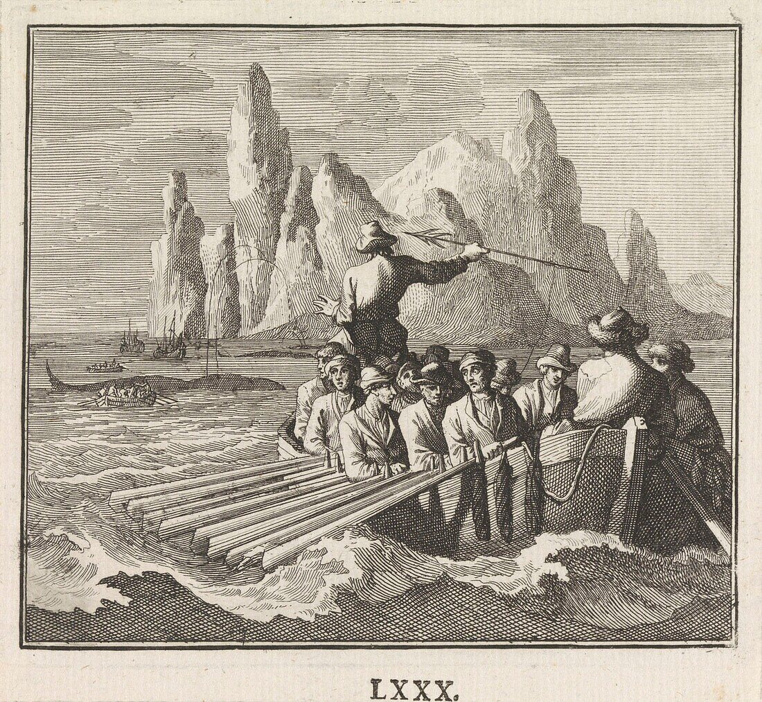 Rowing boats hunting a whale, 17th century illustration