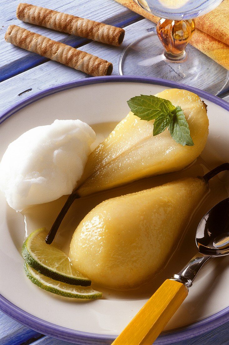 Stewed pears with lemon sorbet on plate