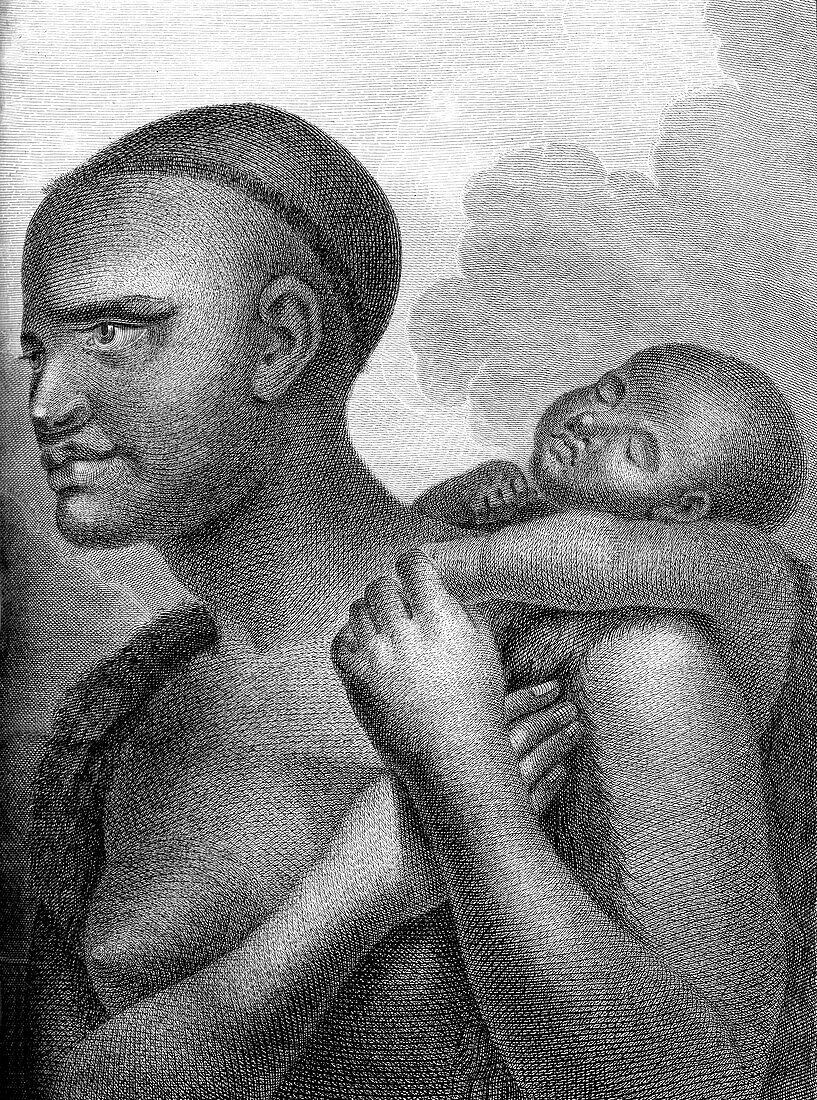 Tasmanian woman with a baby, 18th century illustration