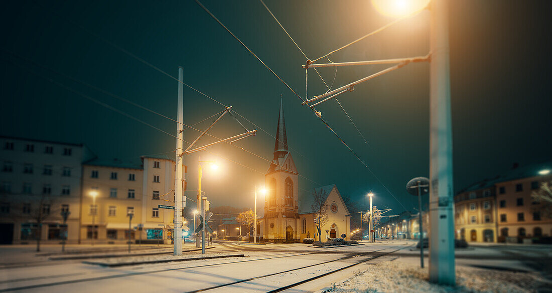 Church in a city on a winter night