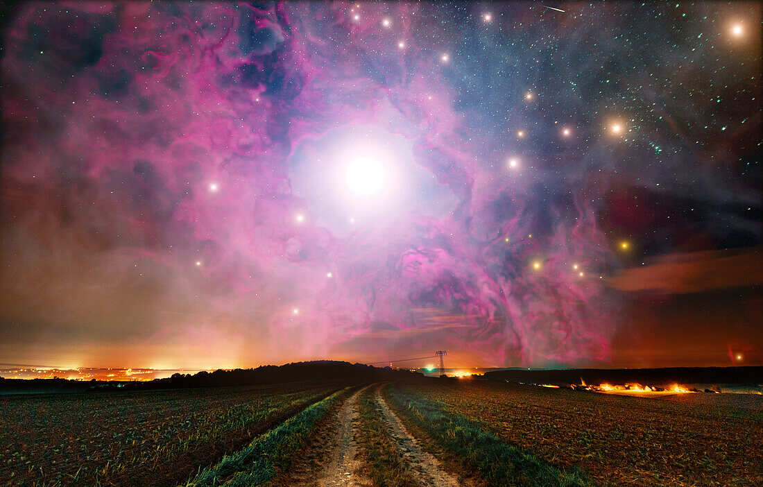 Starry sky over a rural landscape, composite image