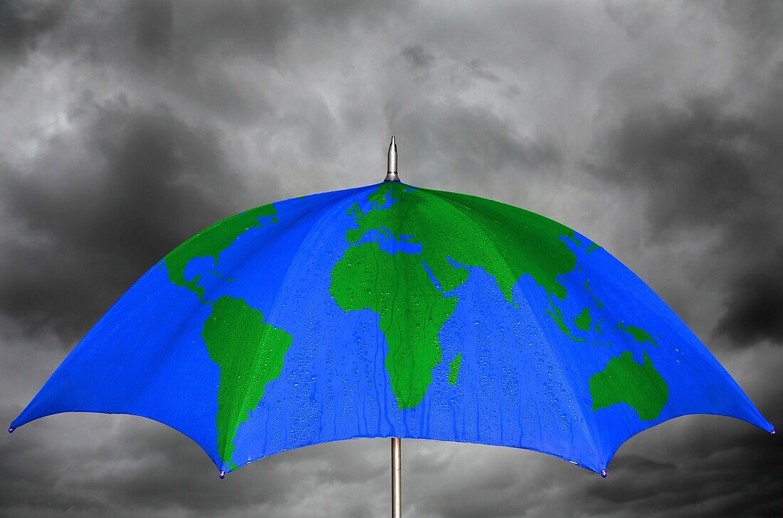 World map on an umbrella, composite image
