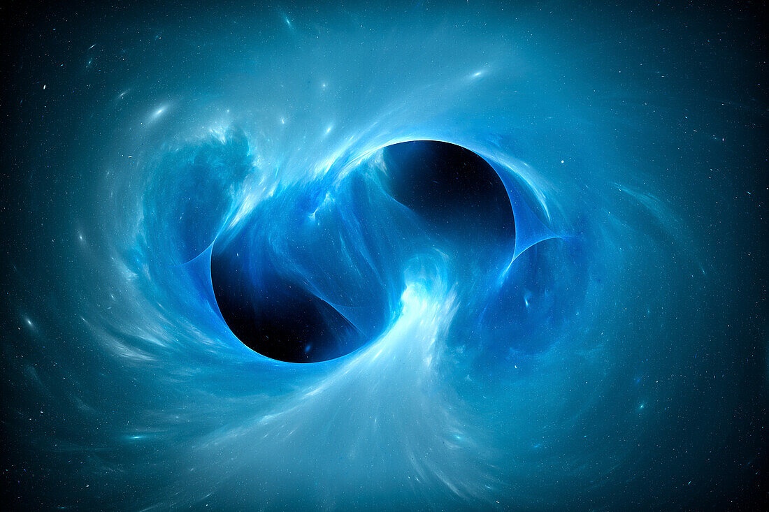 Black holes merging in space, conceptual illustration