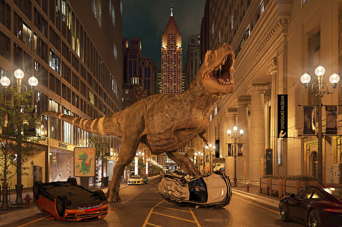 T-Rex dinosaur in a city, illustration