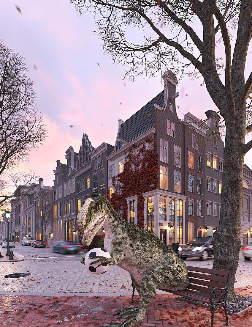 Dinosaur sitting on city bench, illustration