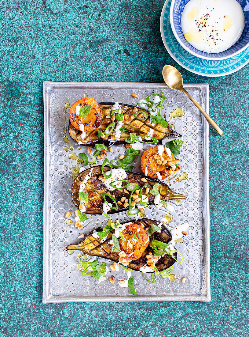 Grilled aubergines with apricots and sour cream