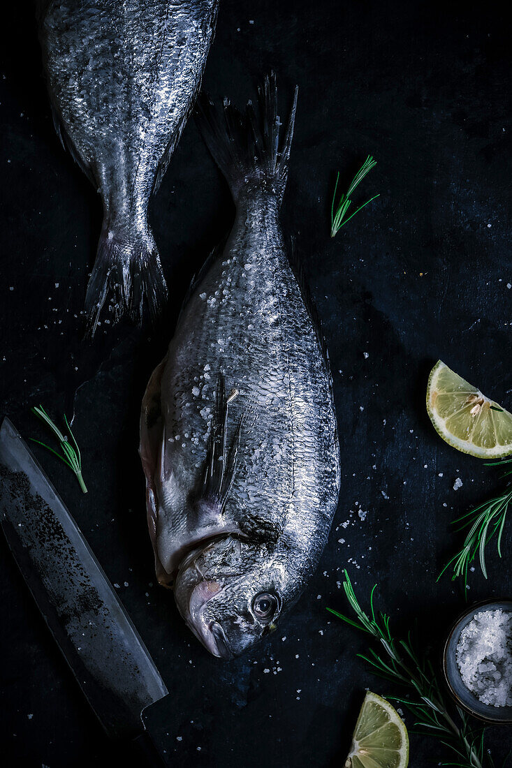 Roher Fisch mit Zitrone und Rosmarin auf dunklem Untergrund