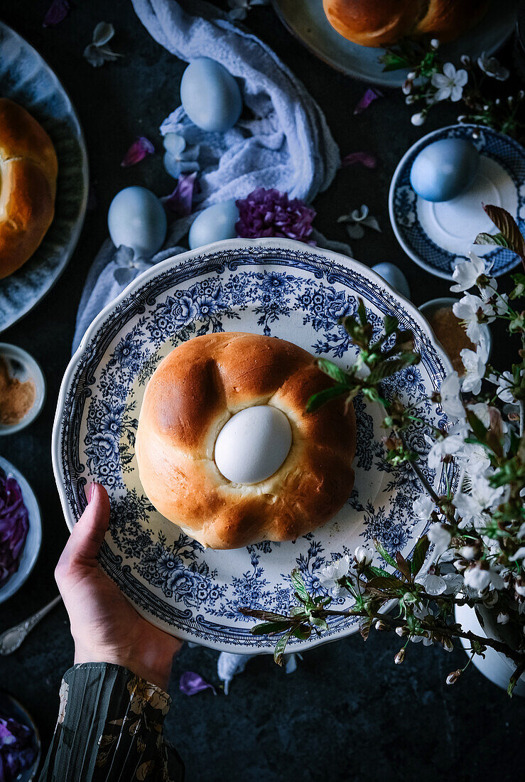 Yeast wreath with an egg for Easter