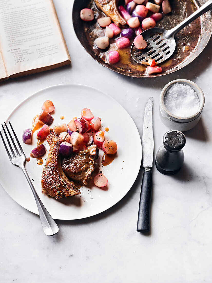 Buttered radishes with lamb cutlets