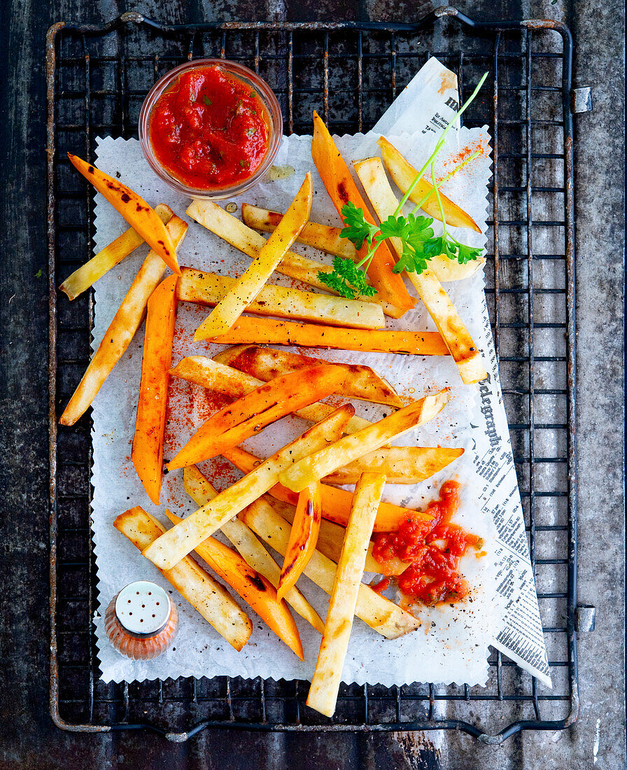 Süßkartoffel-Pommes mit hausgemachtem Tomaten-Ketchup